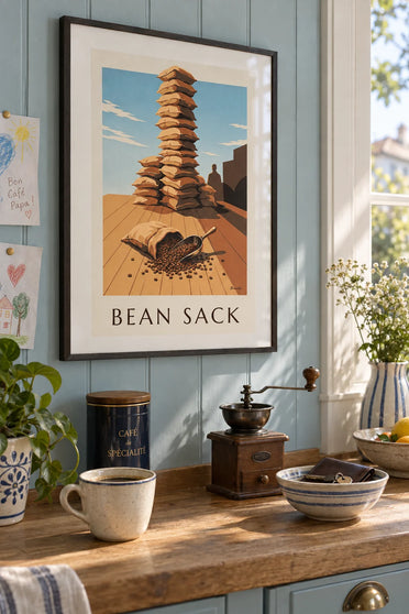 Poster geröstete Kaffeebohnen und offener Jutesack: gerahmt an der Wand
