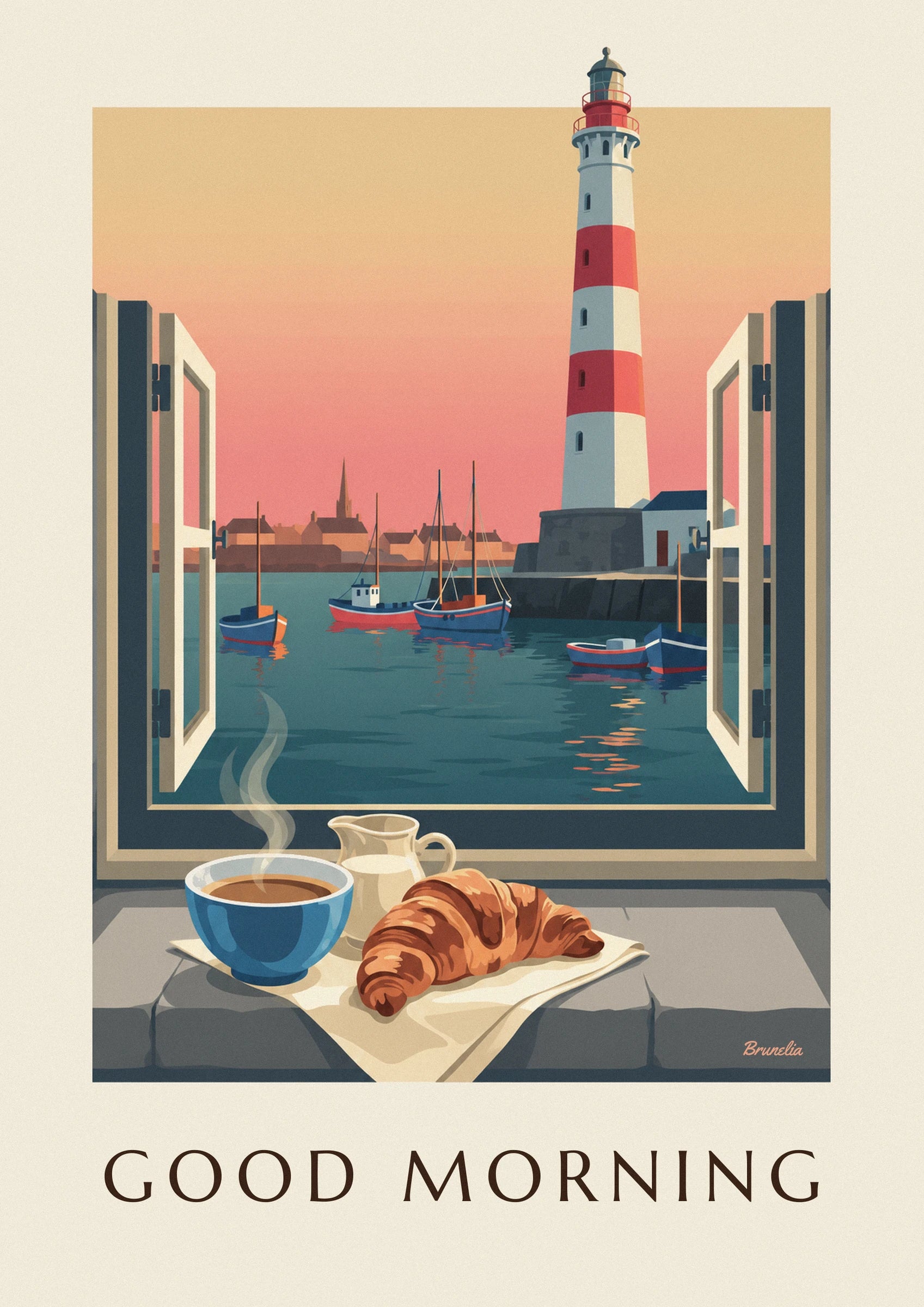 Le bol bleu de café fumant, le pot de lait et le croissant doré sur la fenêtre du port