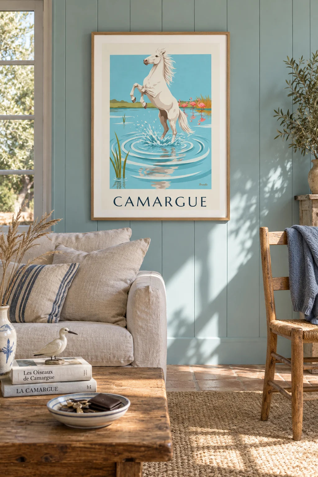 Mise en situation de Affiche cheval blanc galopant dans l'eau en Camargue