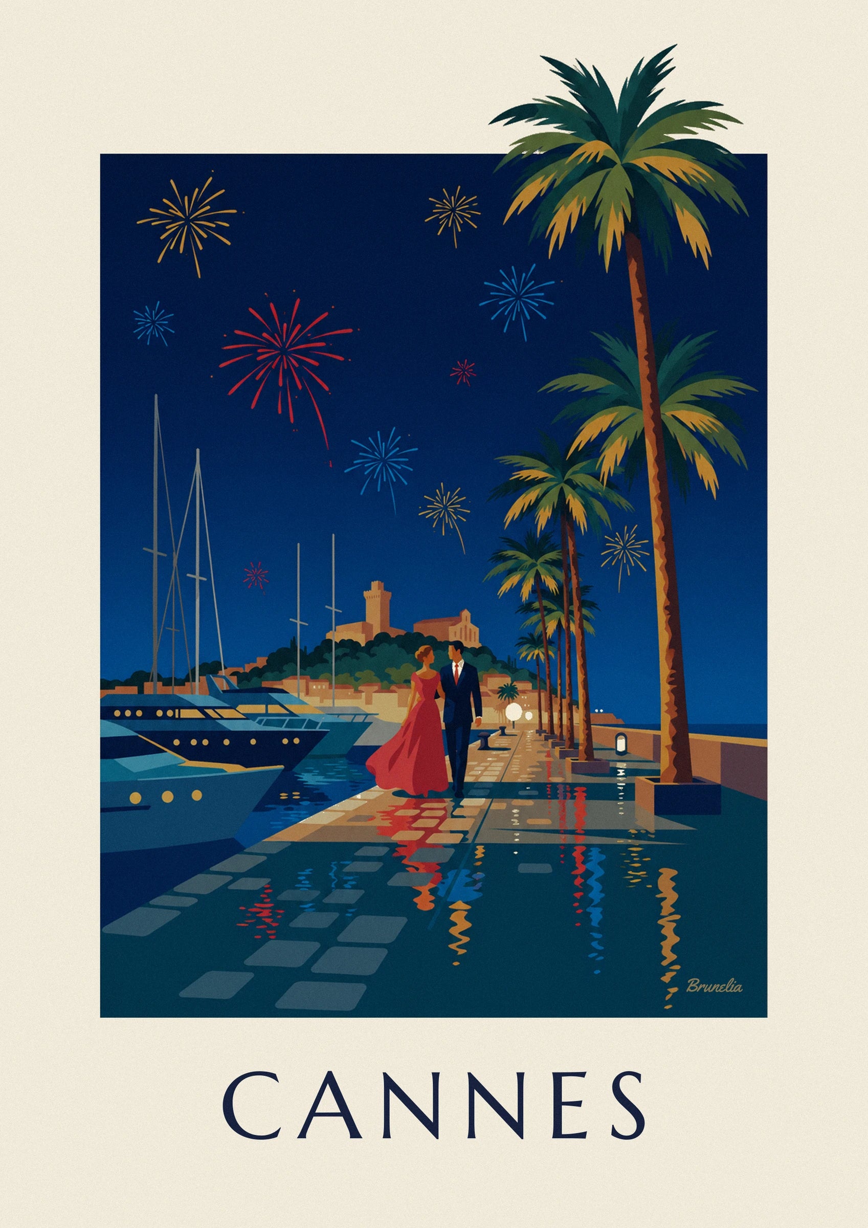 Poster Paar unter den Palmen von Cannes an einem Feuerwerksabend: Detail in Nahaufnahme