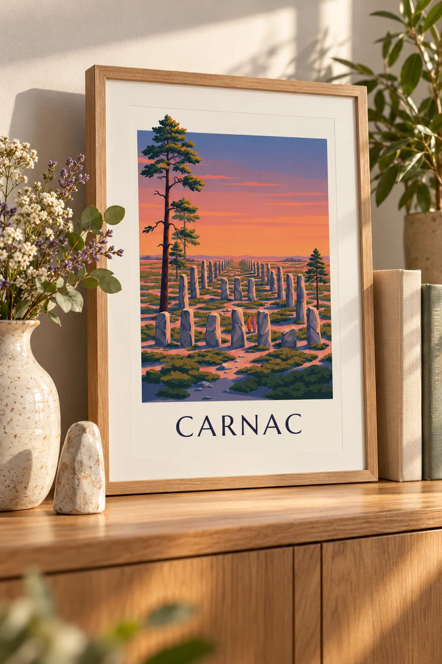 Affiche menhirs de Carnac au coucher du soleil : petit format A4 encadré