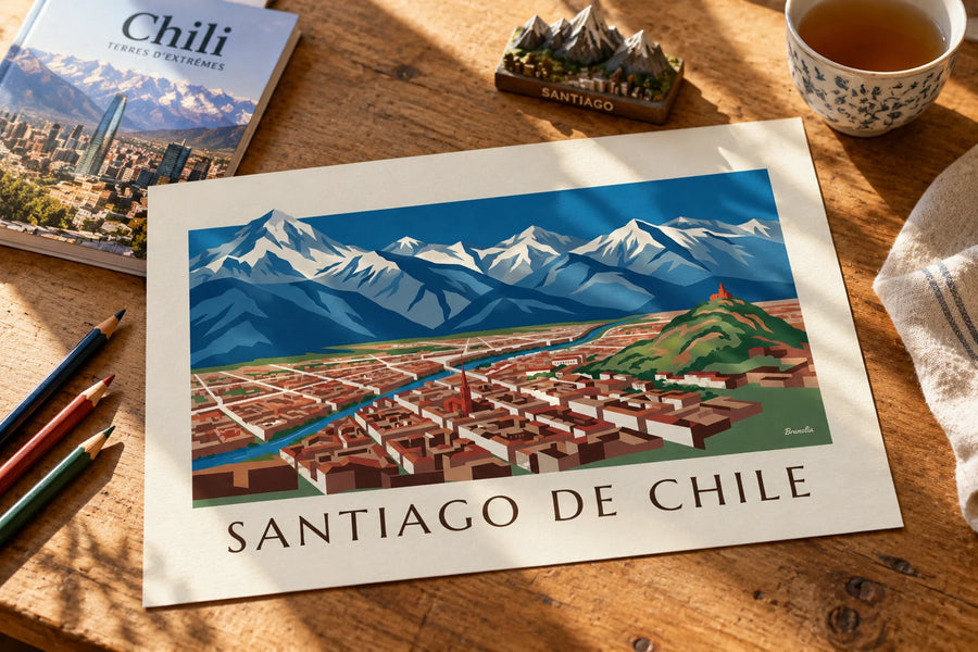 Poster illustrierte Karte von Santiago de Chile und den Anden: auf einem Tisch