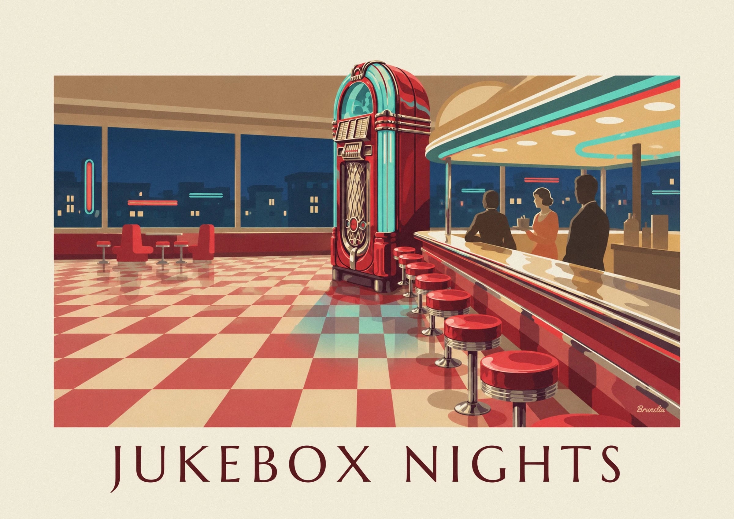 The red jukebox with glowing turquoise columns and a silver grille