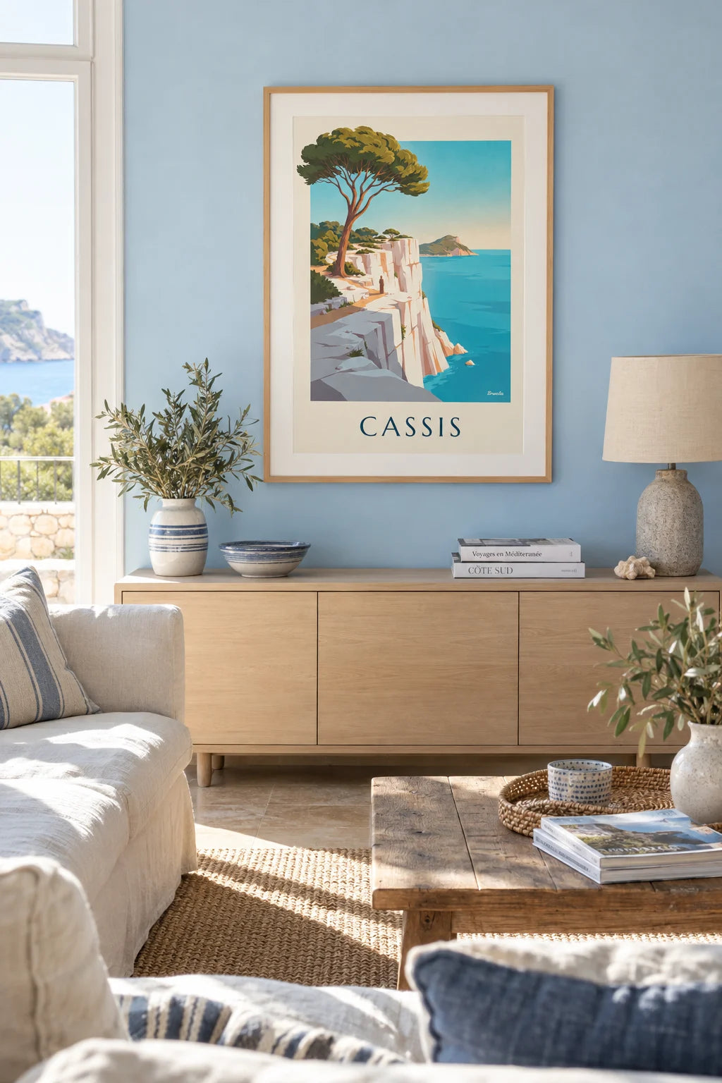 Cassis cliffs, umbrella pine and Cap Canaille poster on the wall
