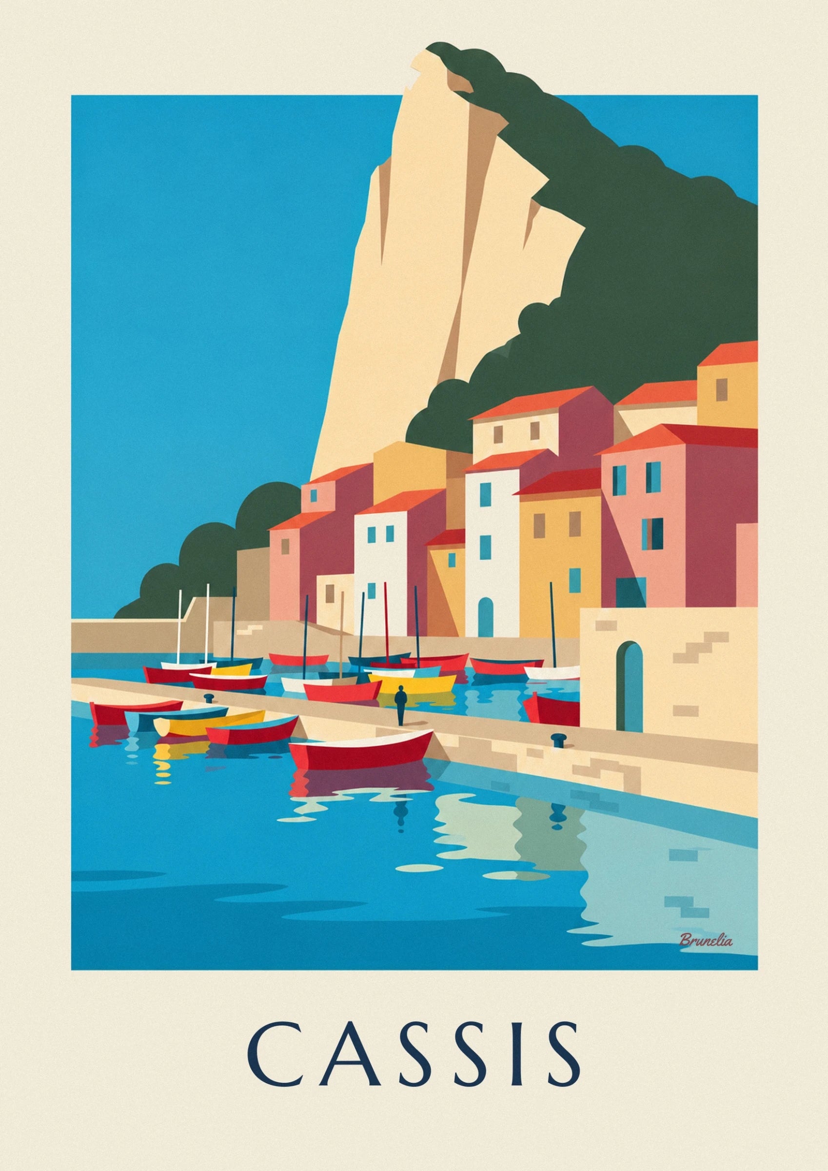 The red and yellow boats on turquoise water beside a figure on the quay