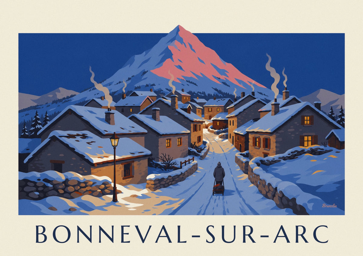 Bonneval-sur-Arc village in snow at dusk poster