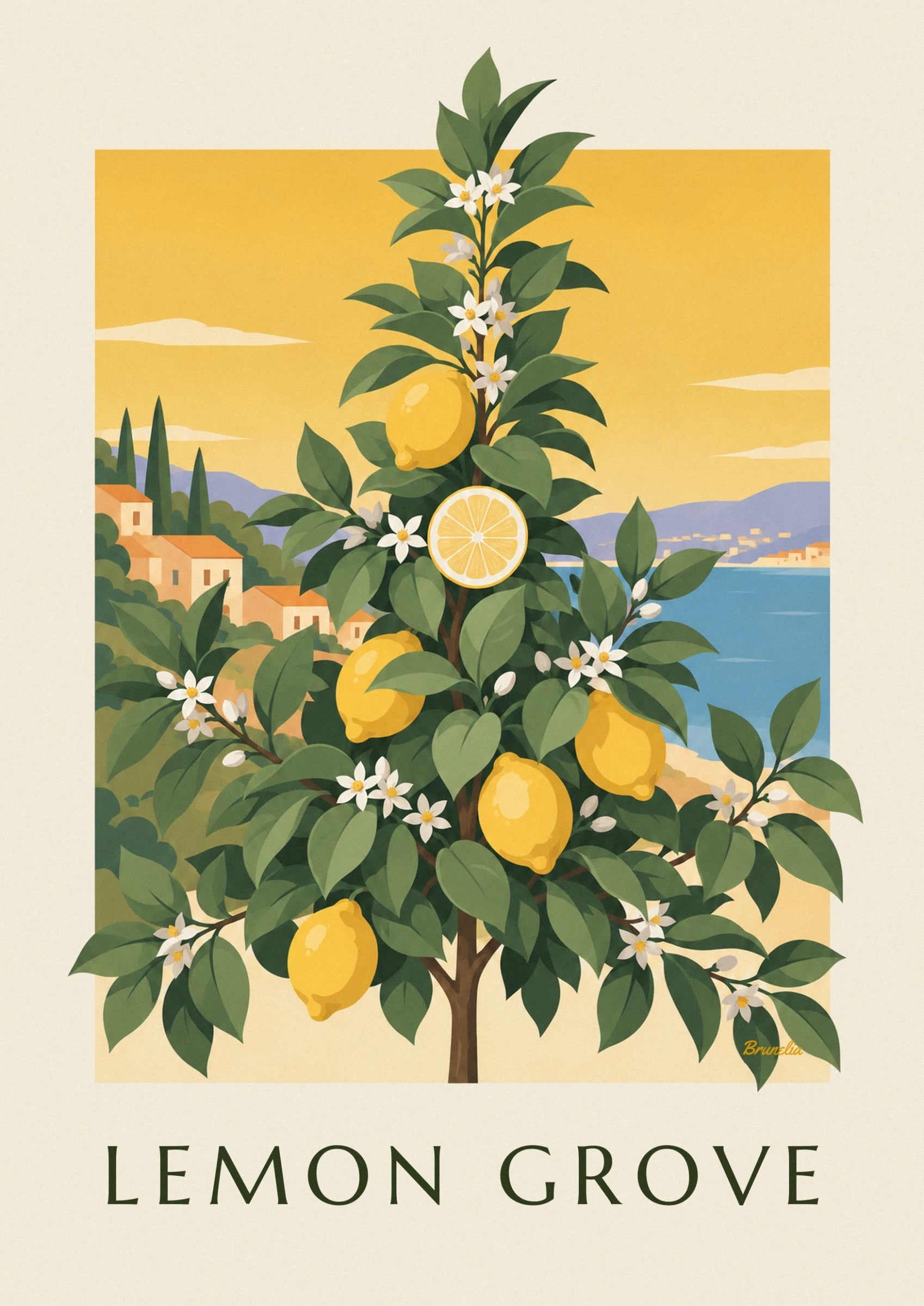 A yellow lemon, a lemon slice and white flowers among the green leaves