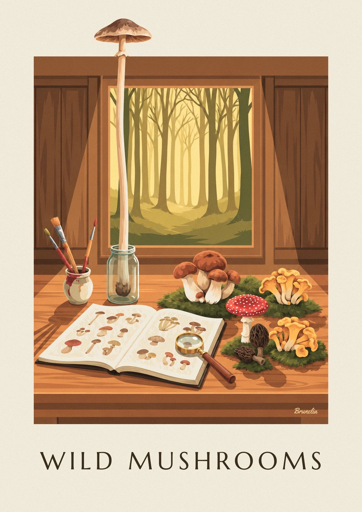 Naturalist table with porcini, chanterelles and fly agaric poster