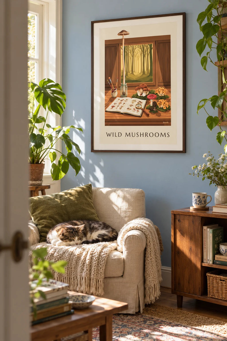 Affiche table de naturaliste, cèpes, girolles et amanite tue-mouches : encadrée au mur