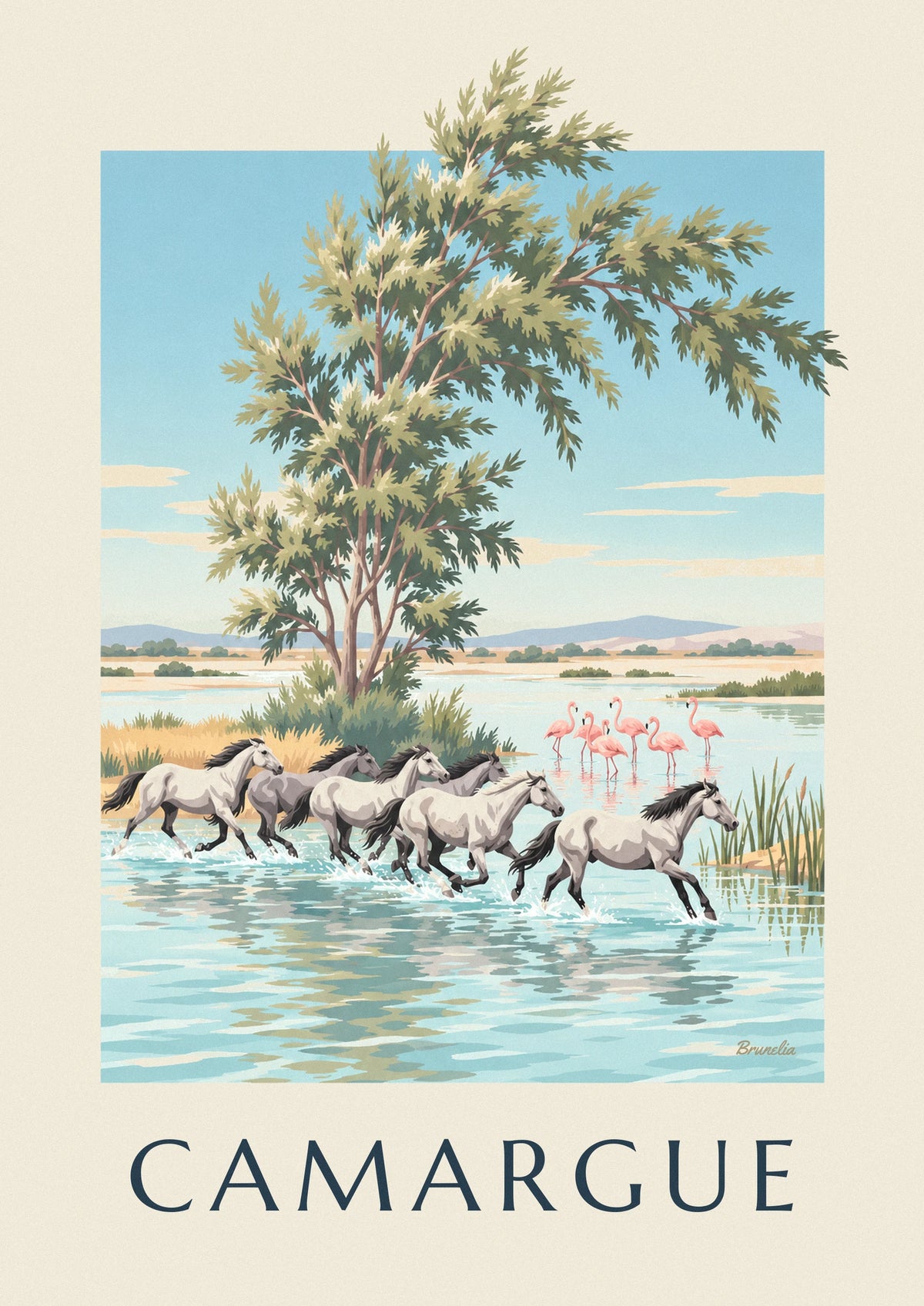 Camargue horses galloping through the marshes poster