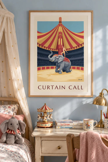Poster of a kneeling elephant and an acrobat under the big top: framed on the wall
