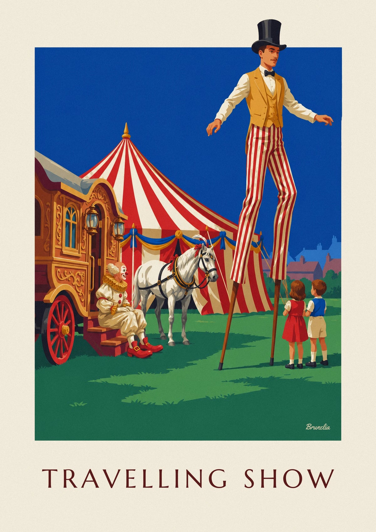 Circus wagon and big top on the village square poster
