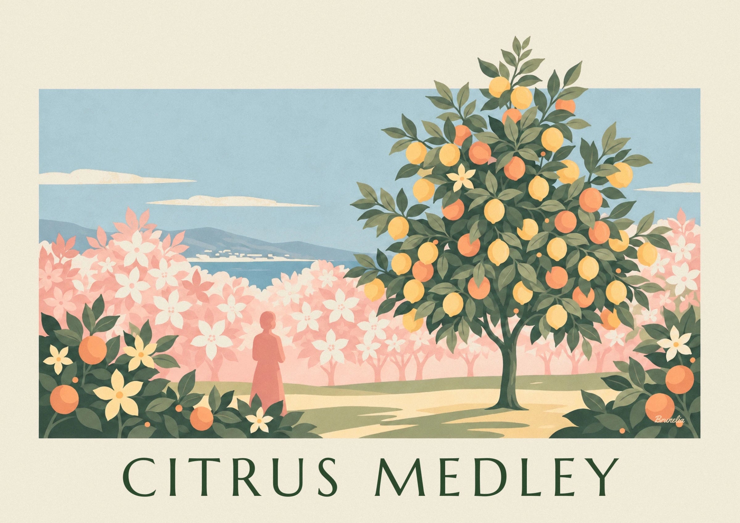 The lemon tree laden with yellow lemons and oranges at the foot of an orchard in pink blossom