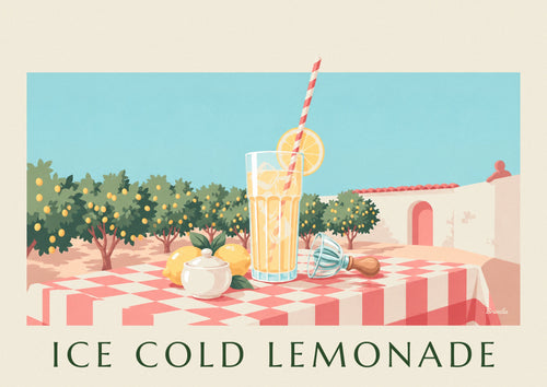Poster of a glass of iced lemonade on a village terrace: the full poster