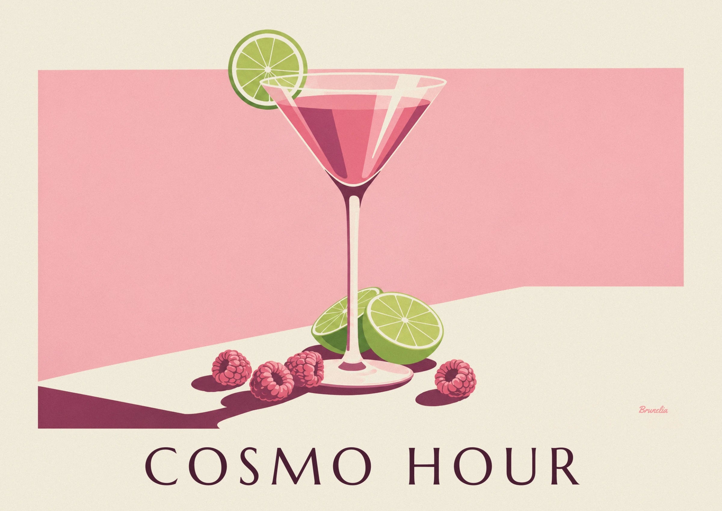 The pink cocktail glass with its lime slice against a soft pastel background