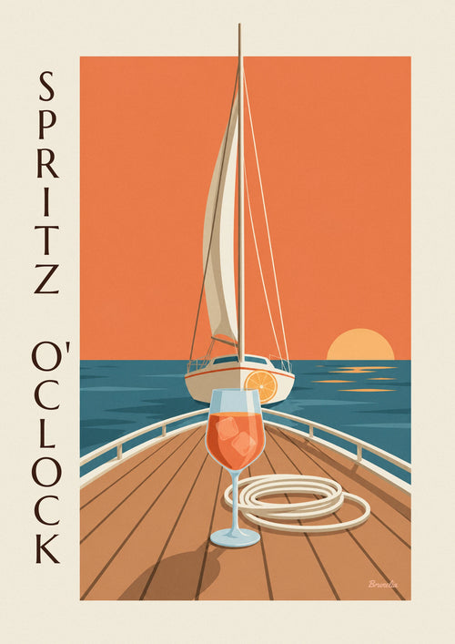 Poster Spritz an Deck eines Segelboots bei Sonnenuntergang: das ganze Poster