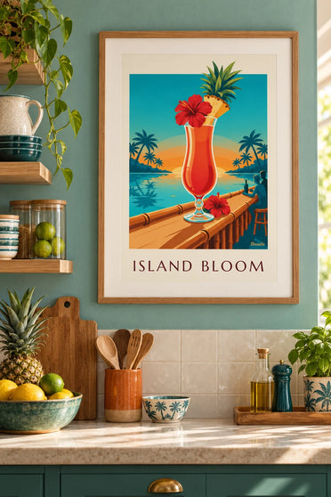 Affiche cocktail tropical à l'hibiscus sur un bar de plage : encadrée au mur