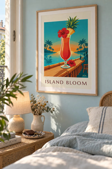 Affiche cocktail tropical à l'hibiscus sur un bar de plage : encadrée au mur