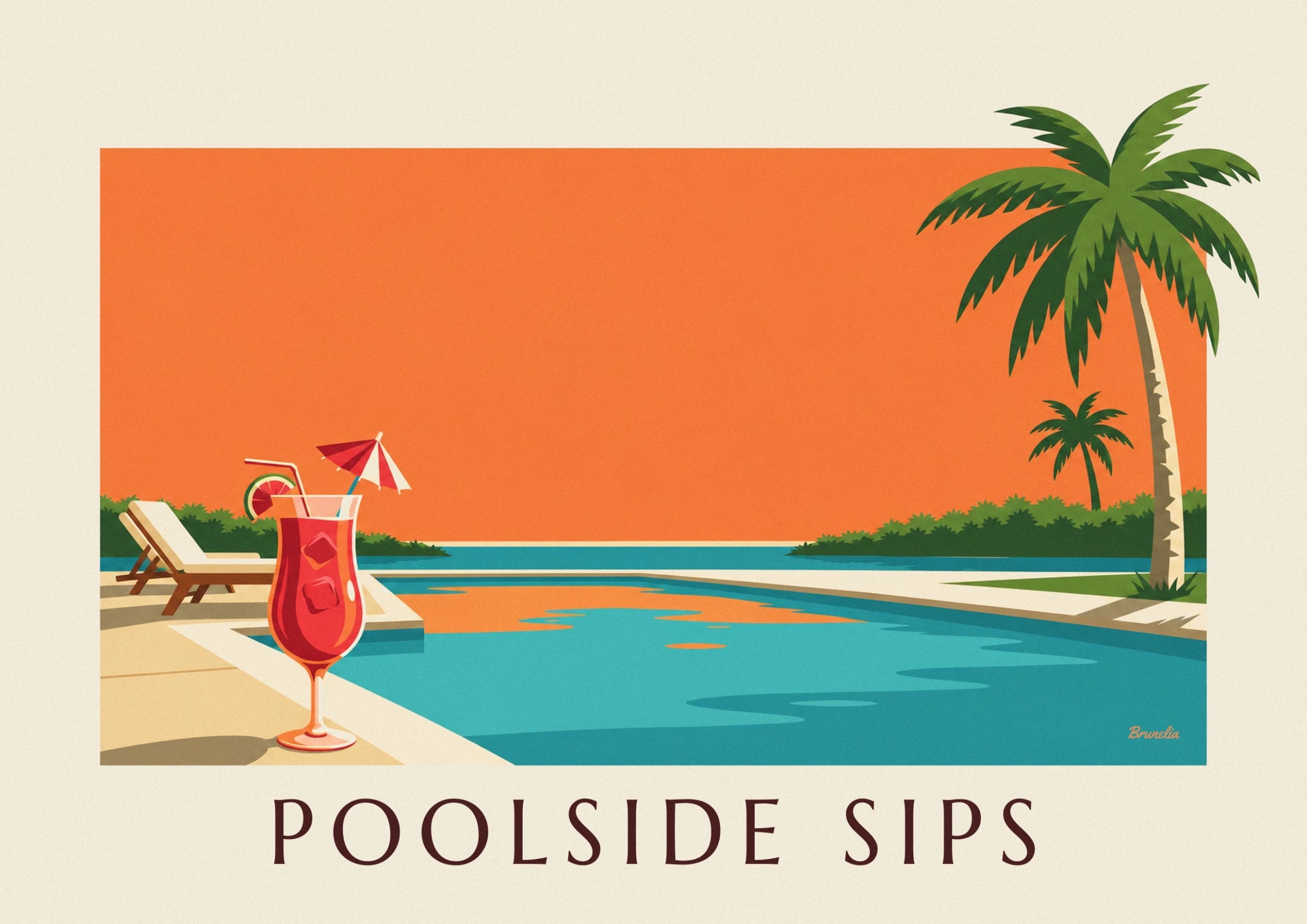 A red cocktail with ice cubes, a straw and a paper parasol beside the pool