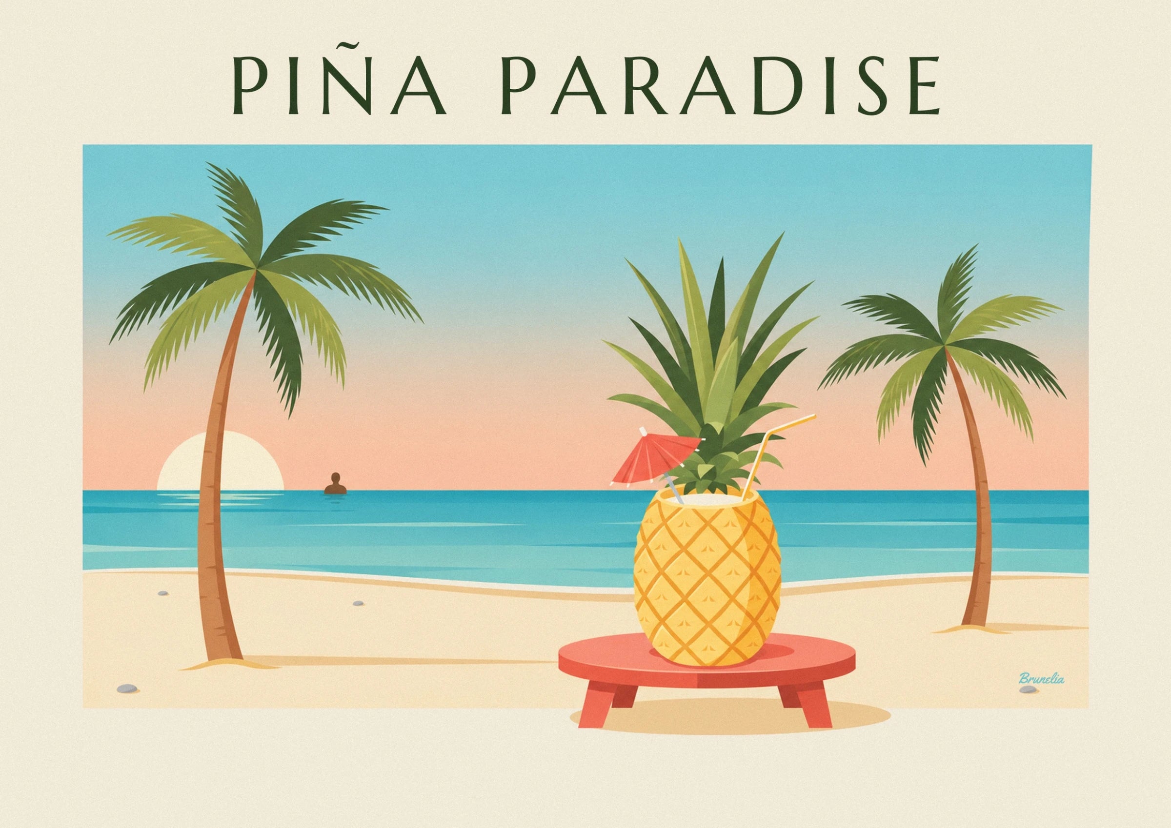 Le cocktail servi dans un ananas doré, sur une table rouge au bord de la plage