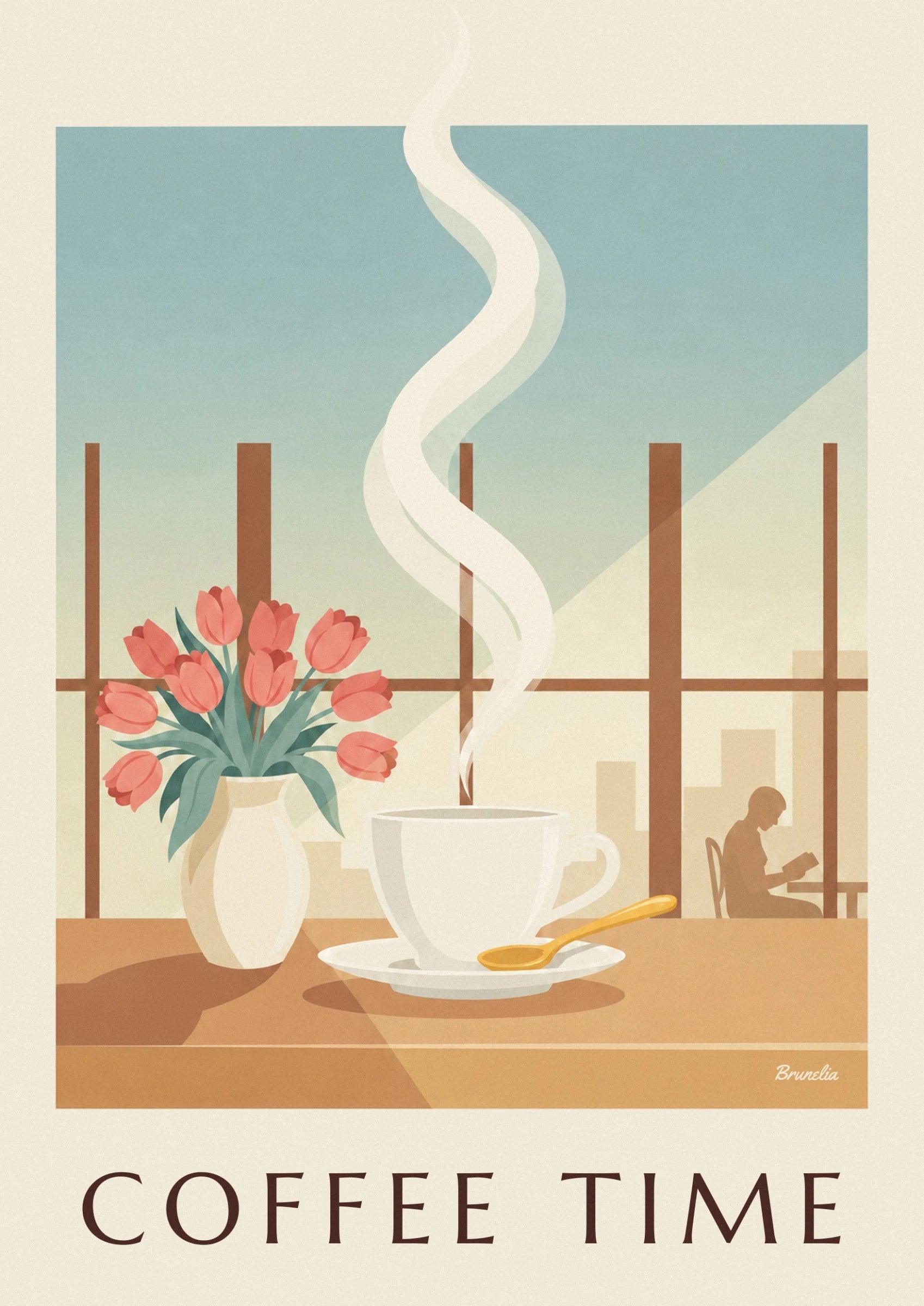 Une tasse blanche fumante sur sa soucoupe, avec une cuillère dorée