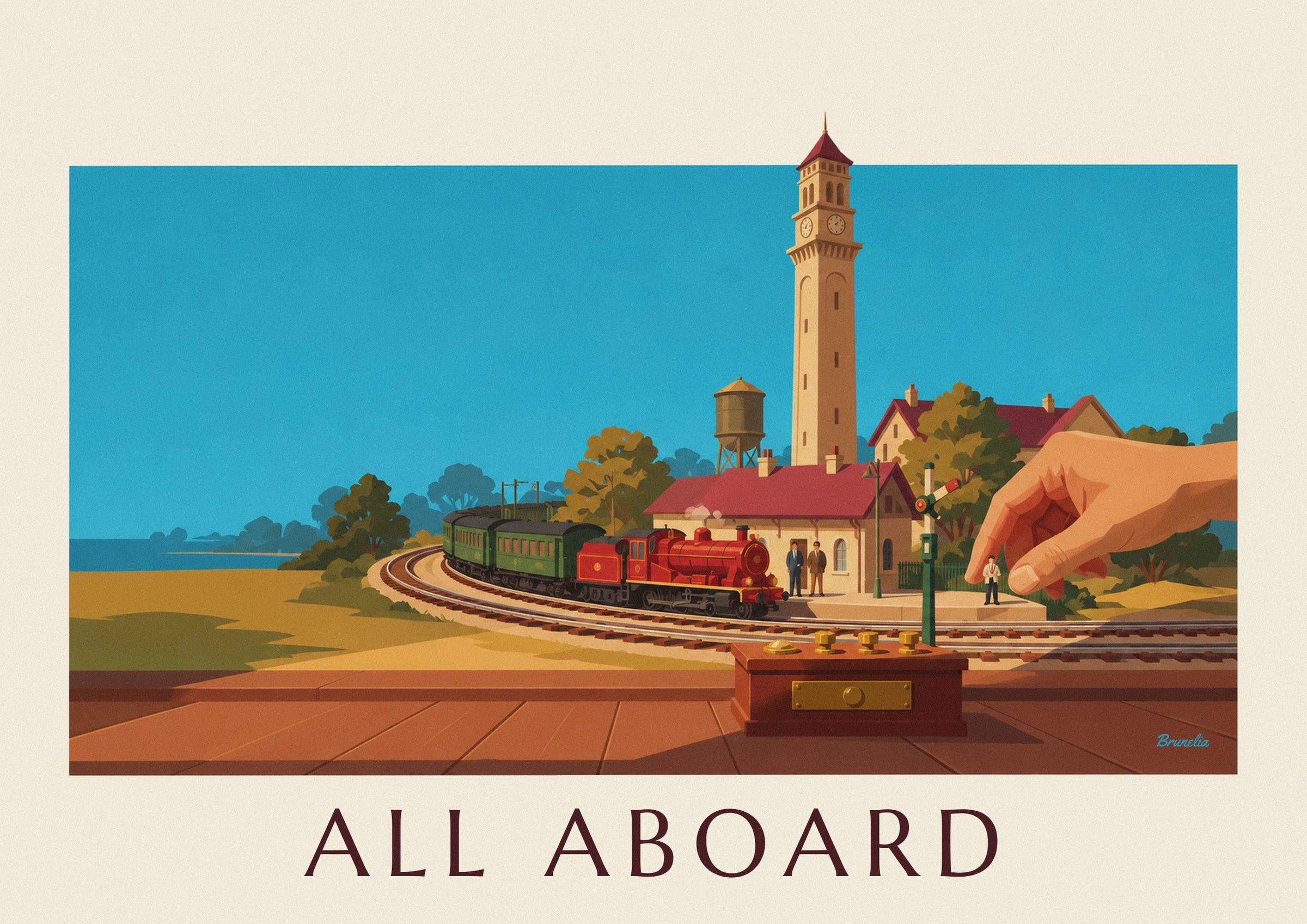 Poster Modelleisenbahn mit Miniaturbahnhof: Detail in Nahaufnahme