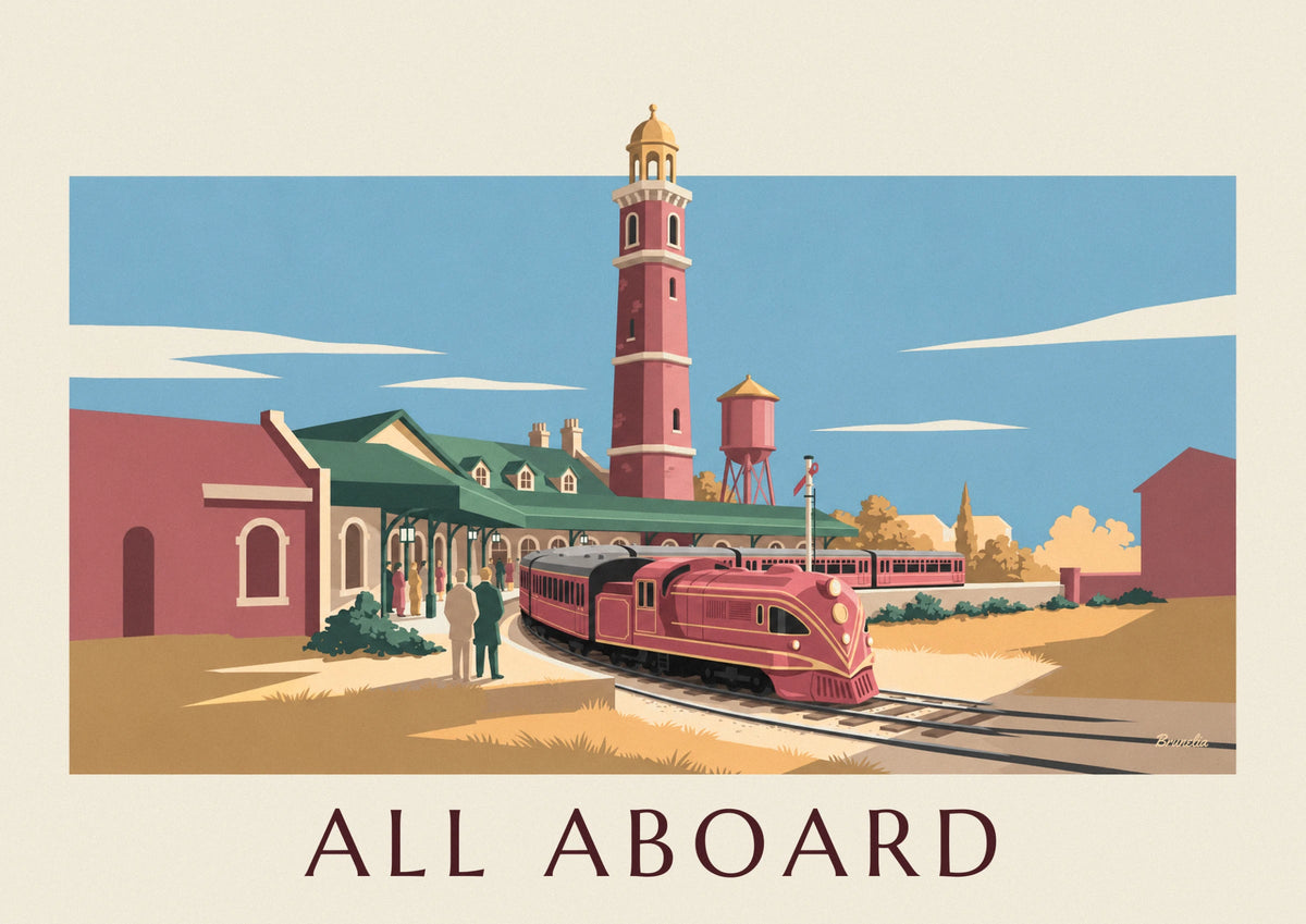 Miniature electric train and model railway station poster
