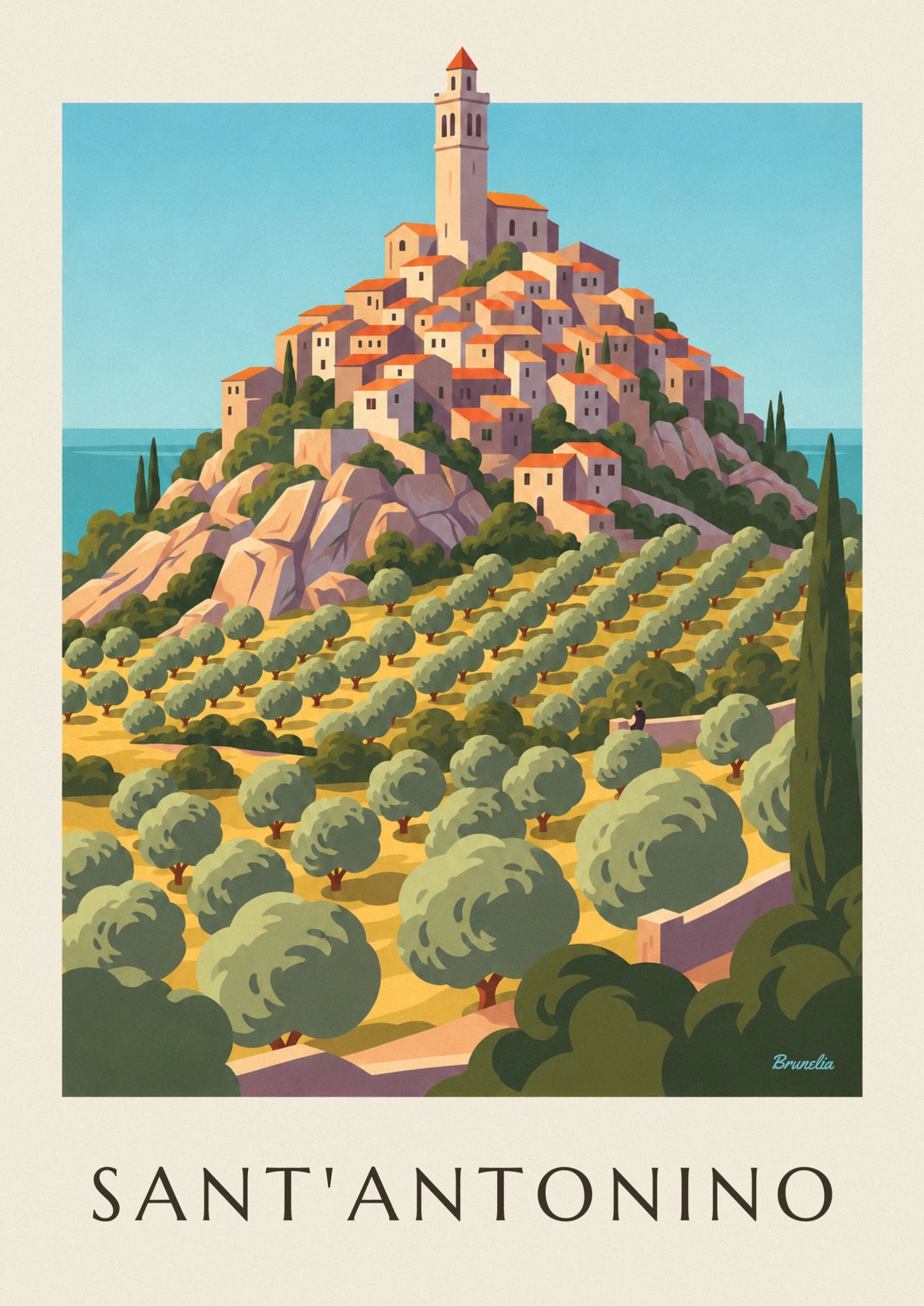 Le clocher et les maisons aux toits orange du village perché, sur son rocher