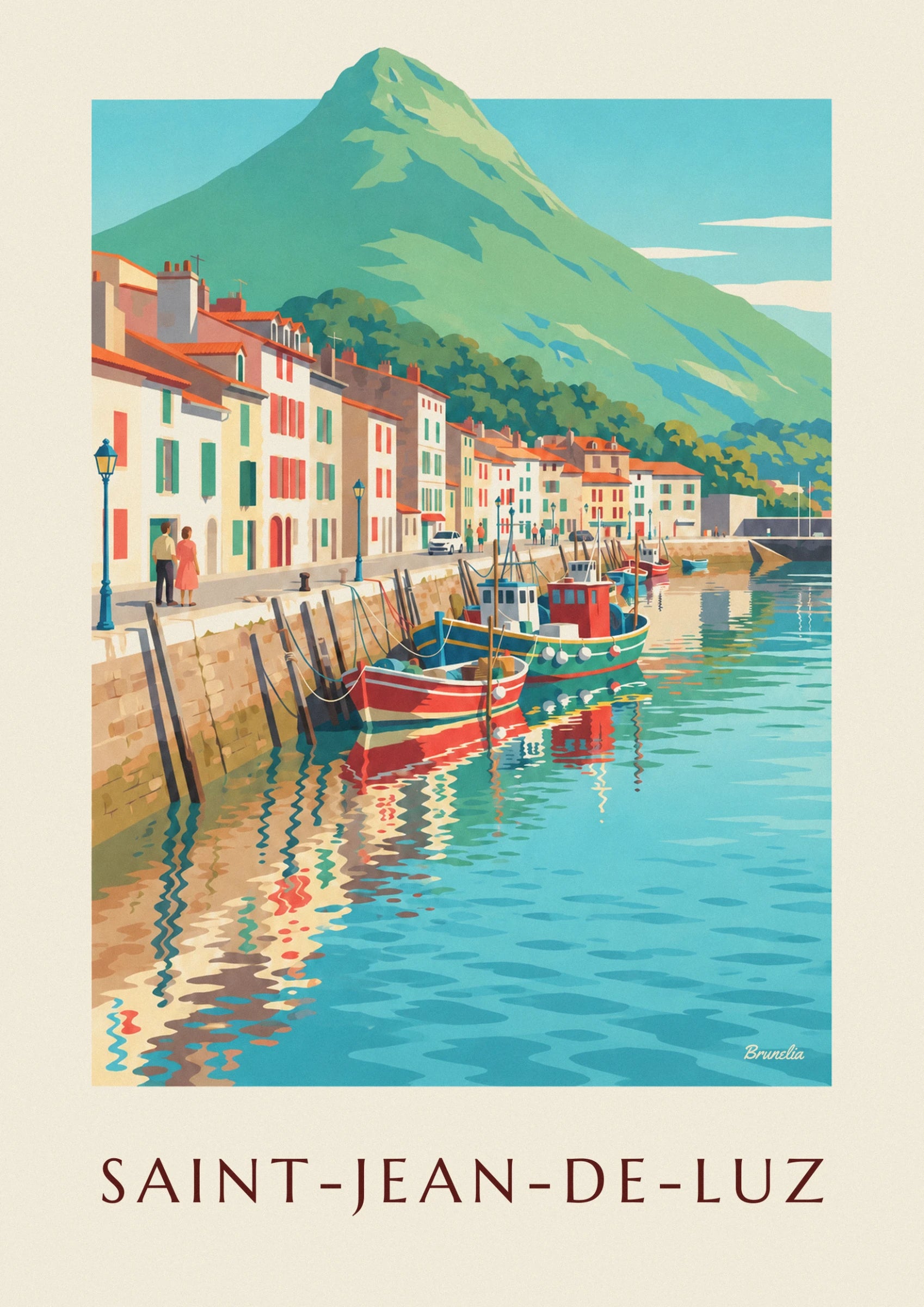 Red and green trawlers moored at the quay, reflected in the turquoise harbour water