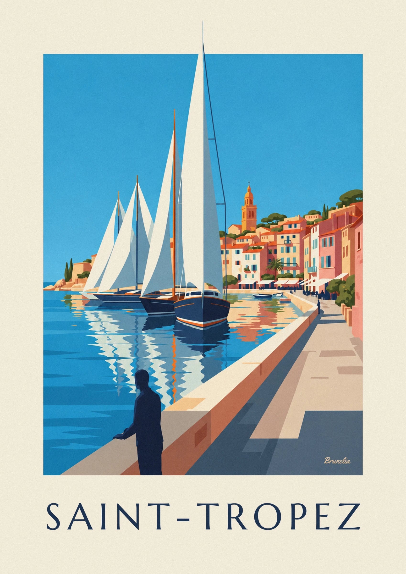 Sailing boats with large white sails and navy blue hulls in the bay
