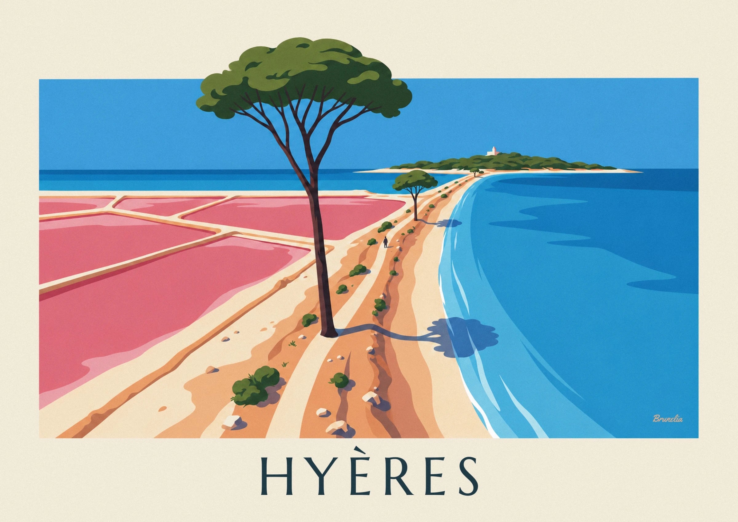 Eine hohe Pinie mit schlankem Stamm zwischen den rosa Salinenbecken und dem blauen Meer