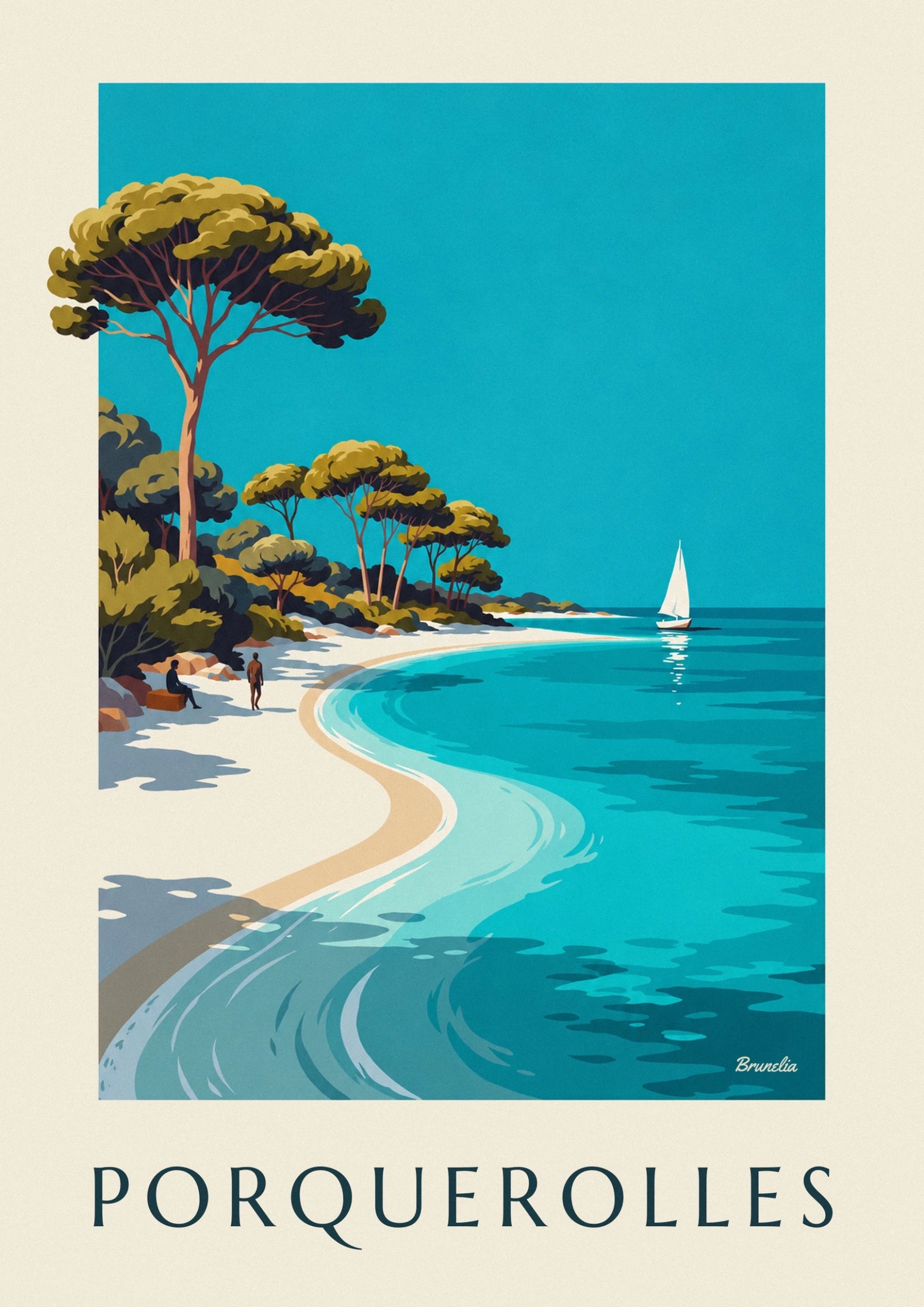 The pine trees with slender trunks and olive-green crowns against the turquoise sky