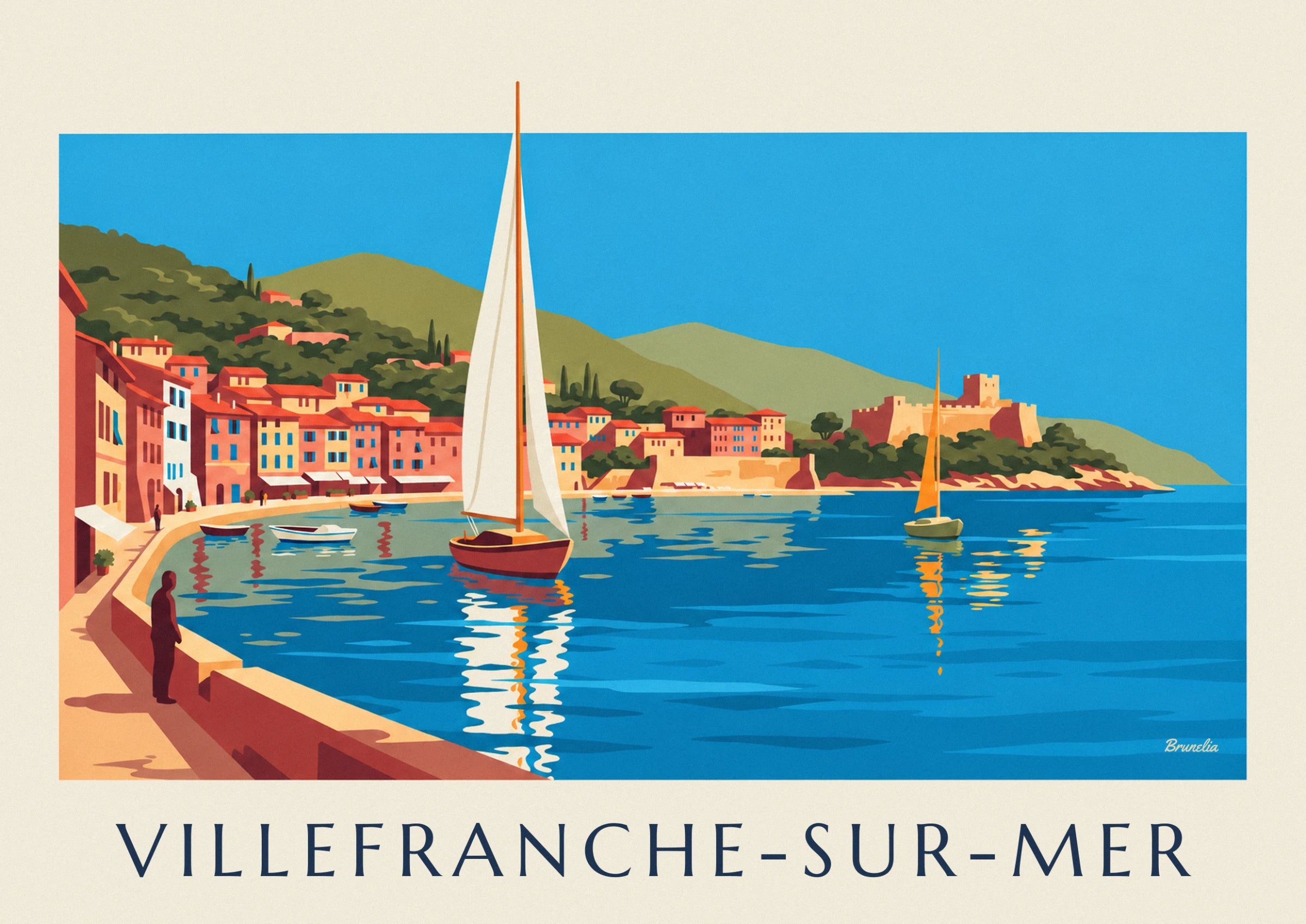 Le voilier à la grande voile blanche devant les maisons ocre et rouges du port