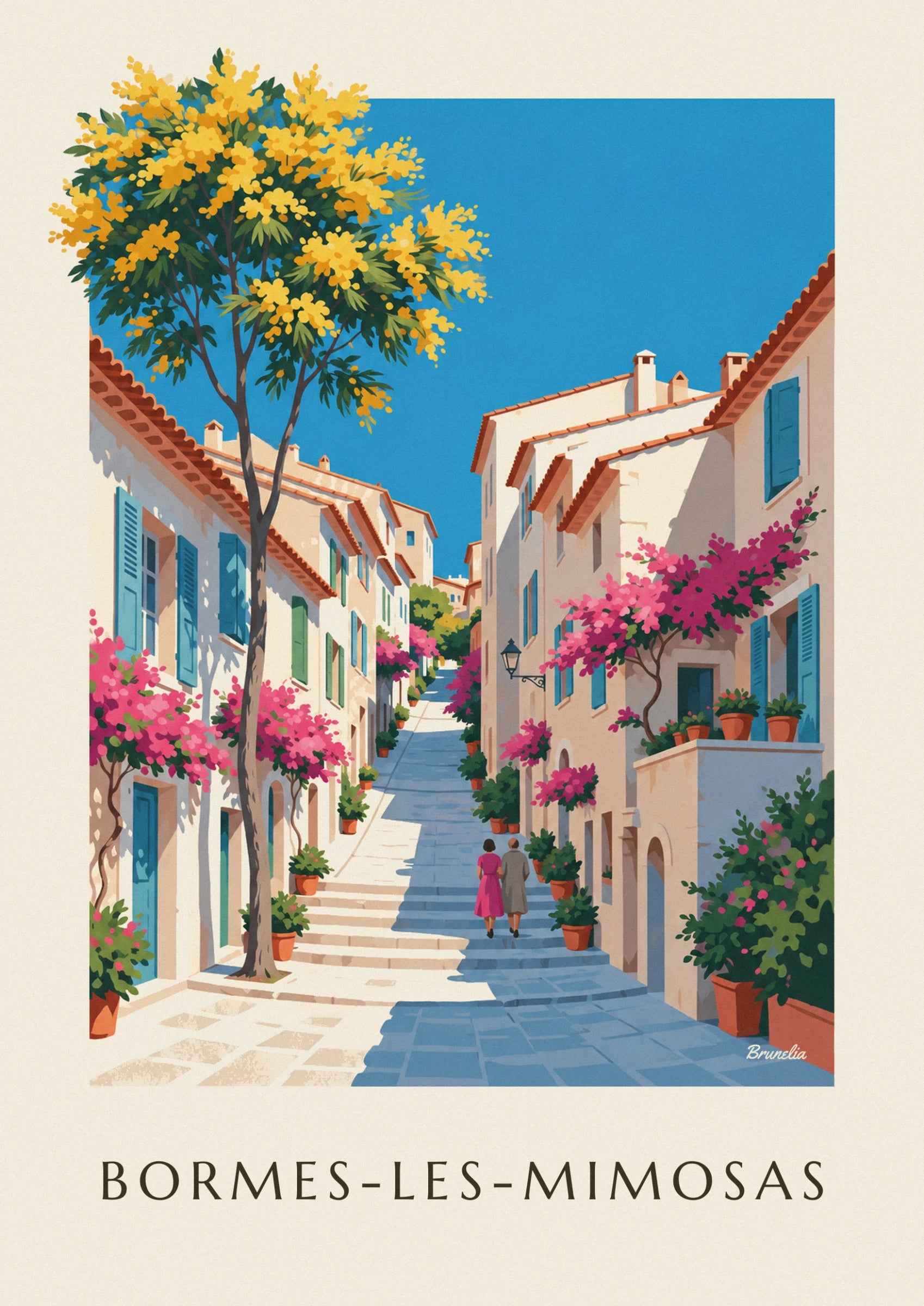 Mimosa in full bloom, with yellow clusters against a backdrop of blue sea and tiled roofs