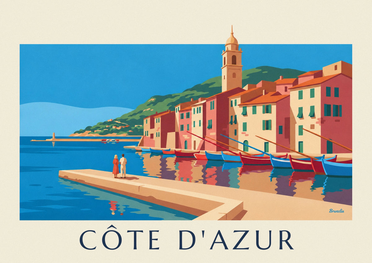 French Riviera harbor with colorful facades and boats poster