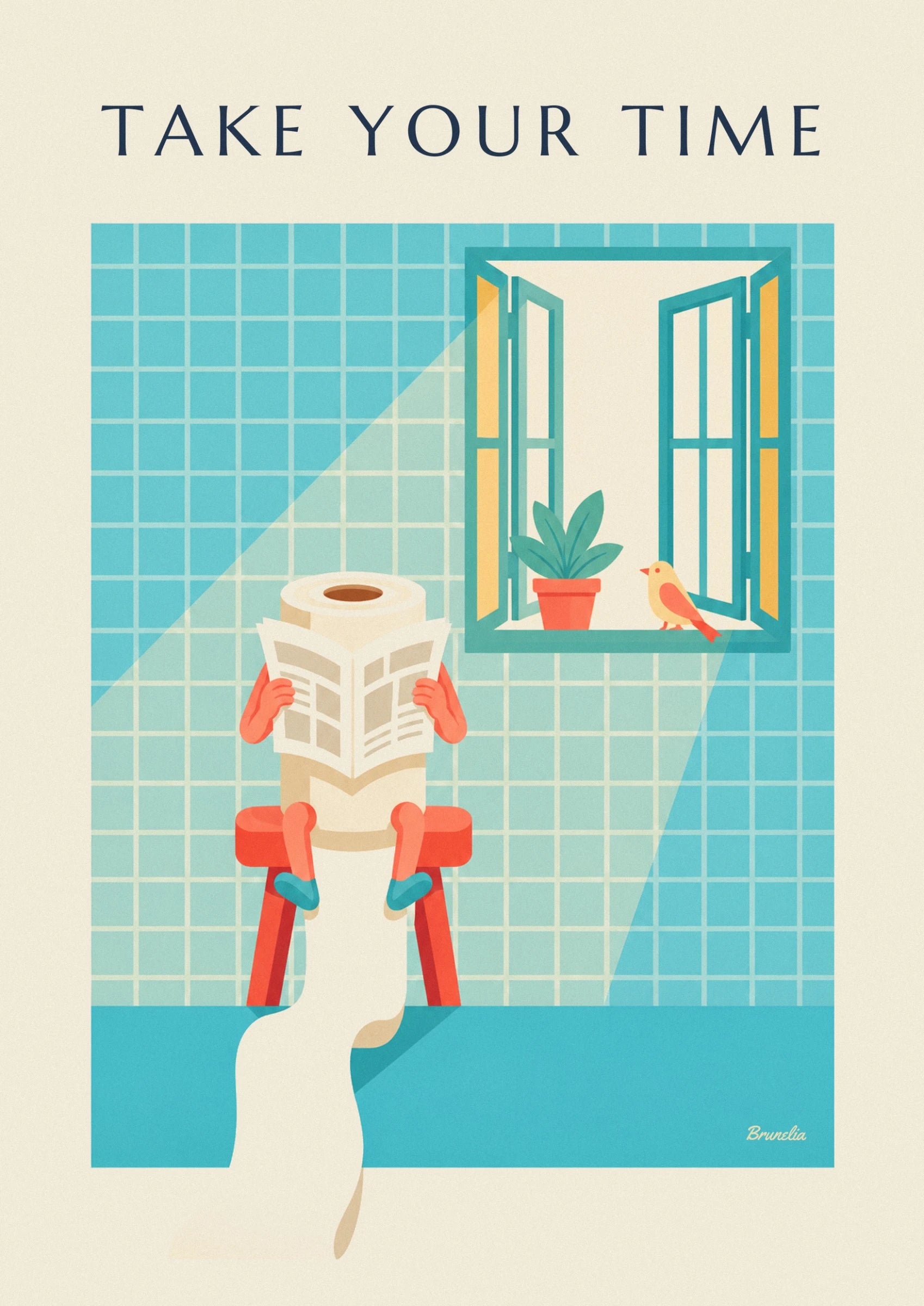 The toilet roll character reading a newspaper on a red stool