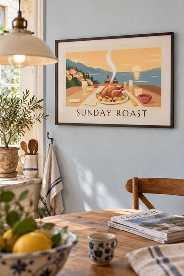 Poster Sonntagsbraten vom Huhn mit Rosmarinkartoffeln: gerahmt an der Wand