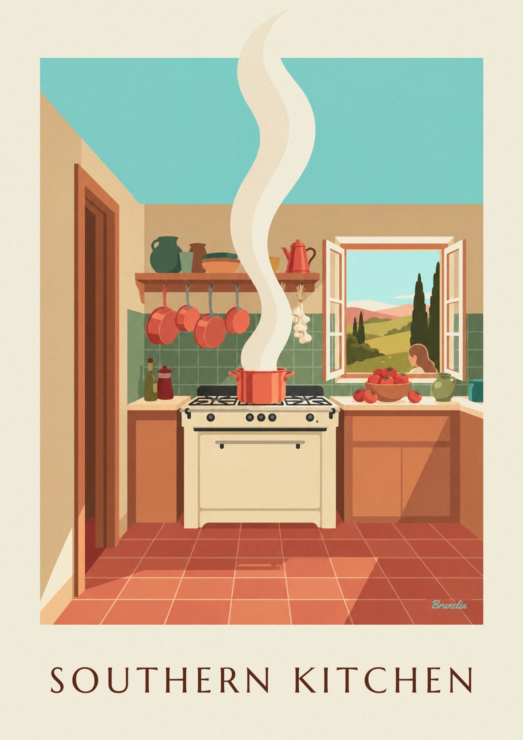 Affiche cuisine du Sud, ratatouille et casseroles en cuivre : détail en gros plan