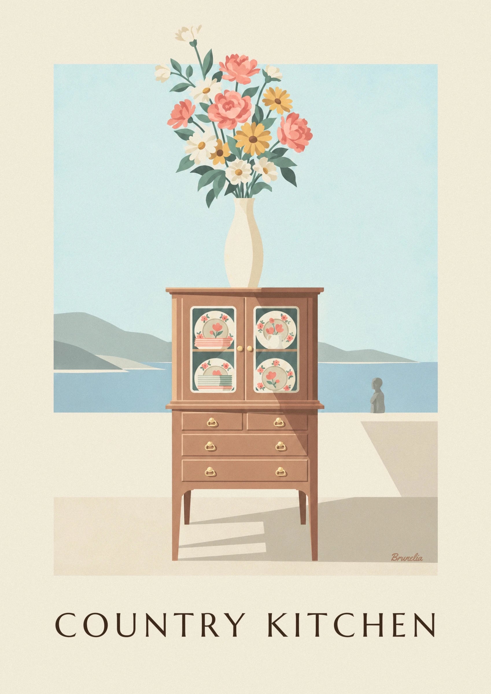 Le buffet en bois à vitrines, ses assiettes à fleurs roses et ses poignées dorées