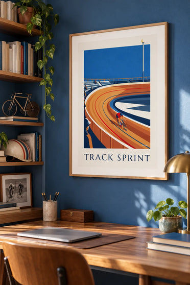 Poster Radfahrer auf der Bahn eines Holzvelodroms: gerahmt an der Wand