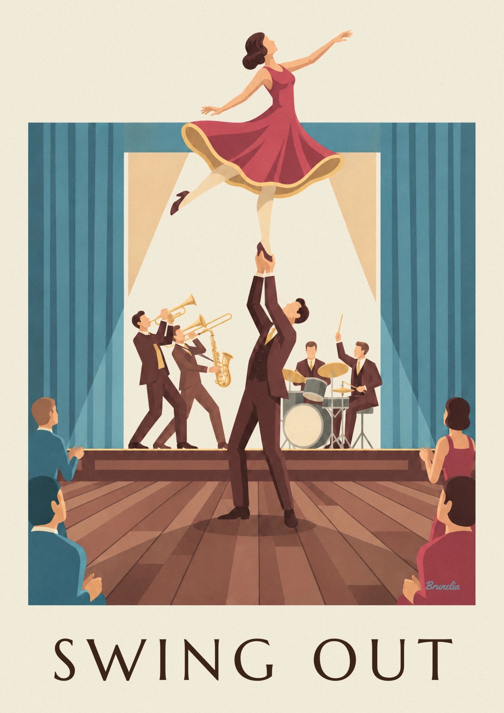 Swing dancing couple in a ballroom poster: close-up detail