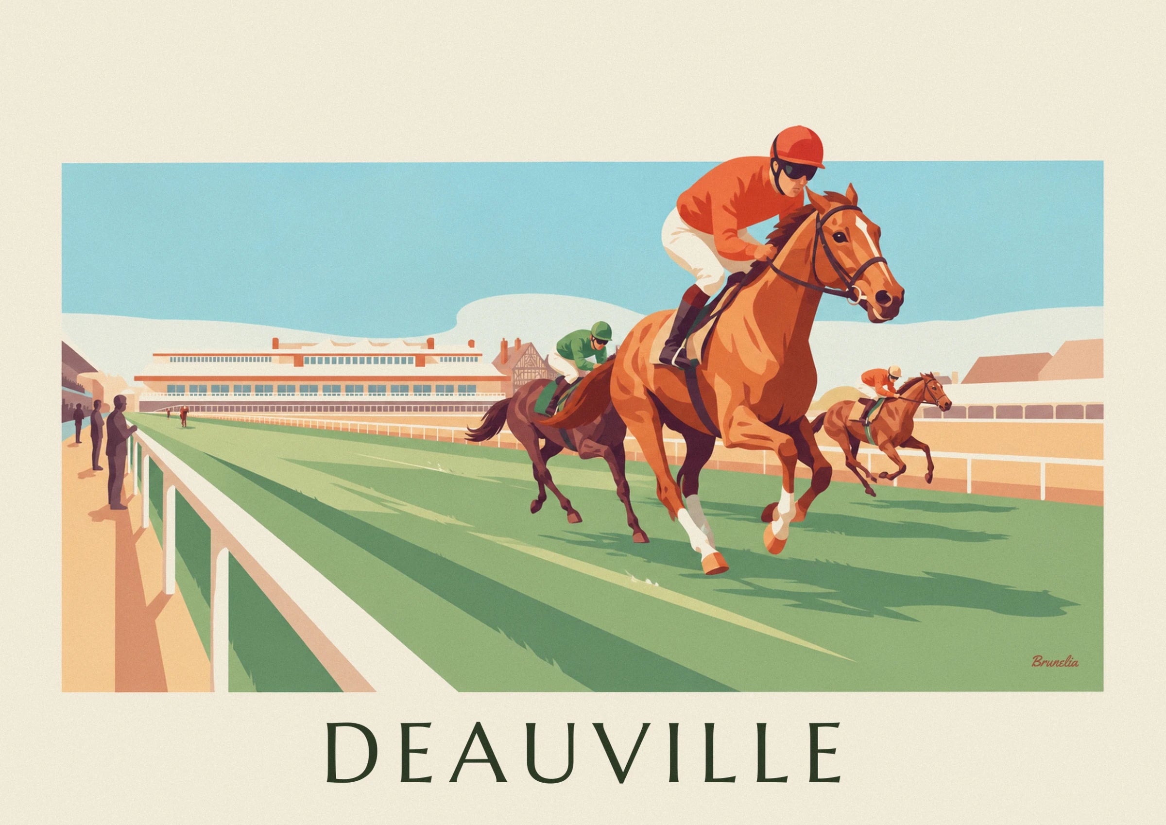 Le jockey en casaque orange sur son cheval alezan, devant un autre cavalier