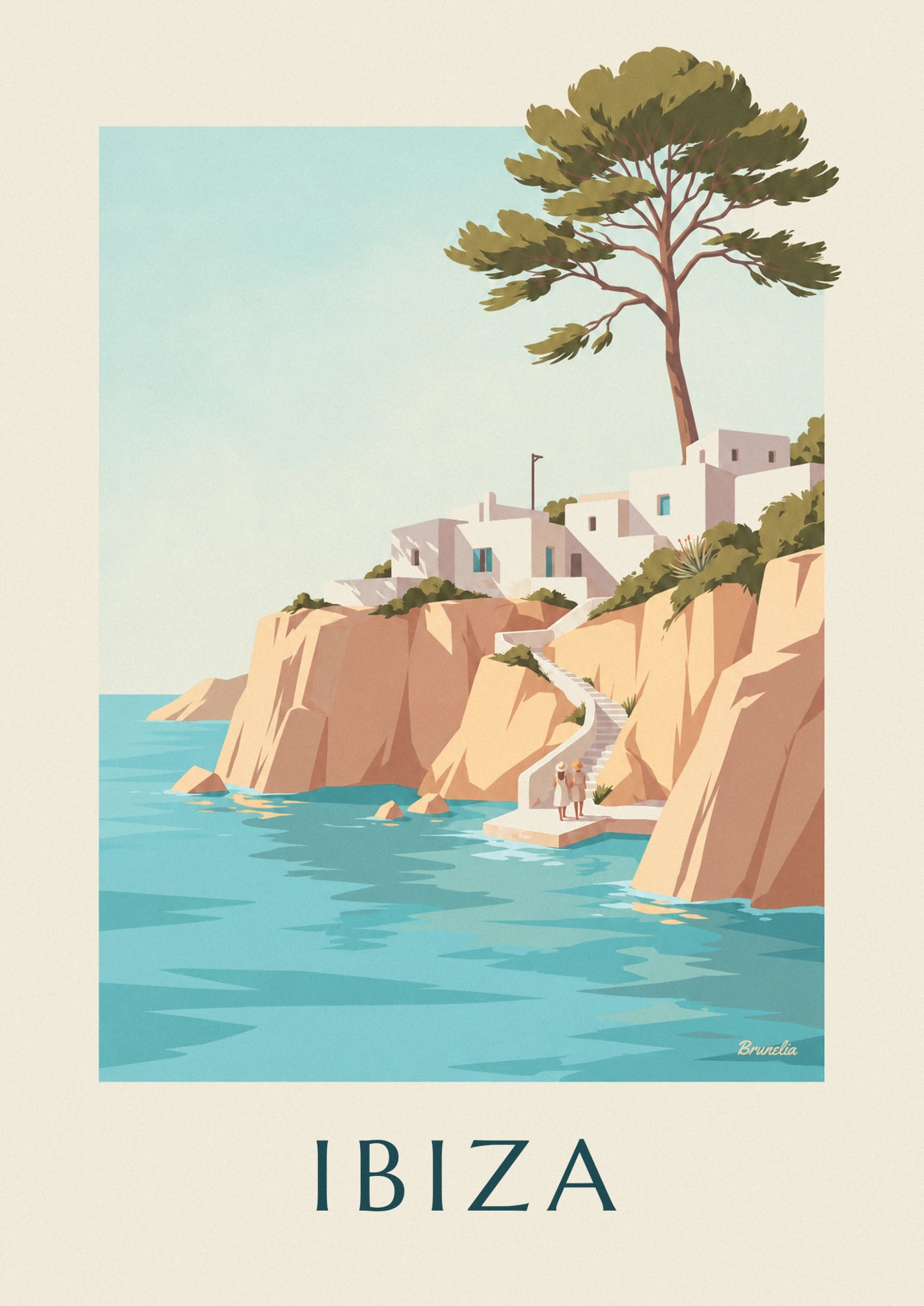 Die weiße Treppe, die die ockerfarbene Klippe hinabführt, mit 2 Frauen mit Hüten, die am Wasser entlanggehen