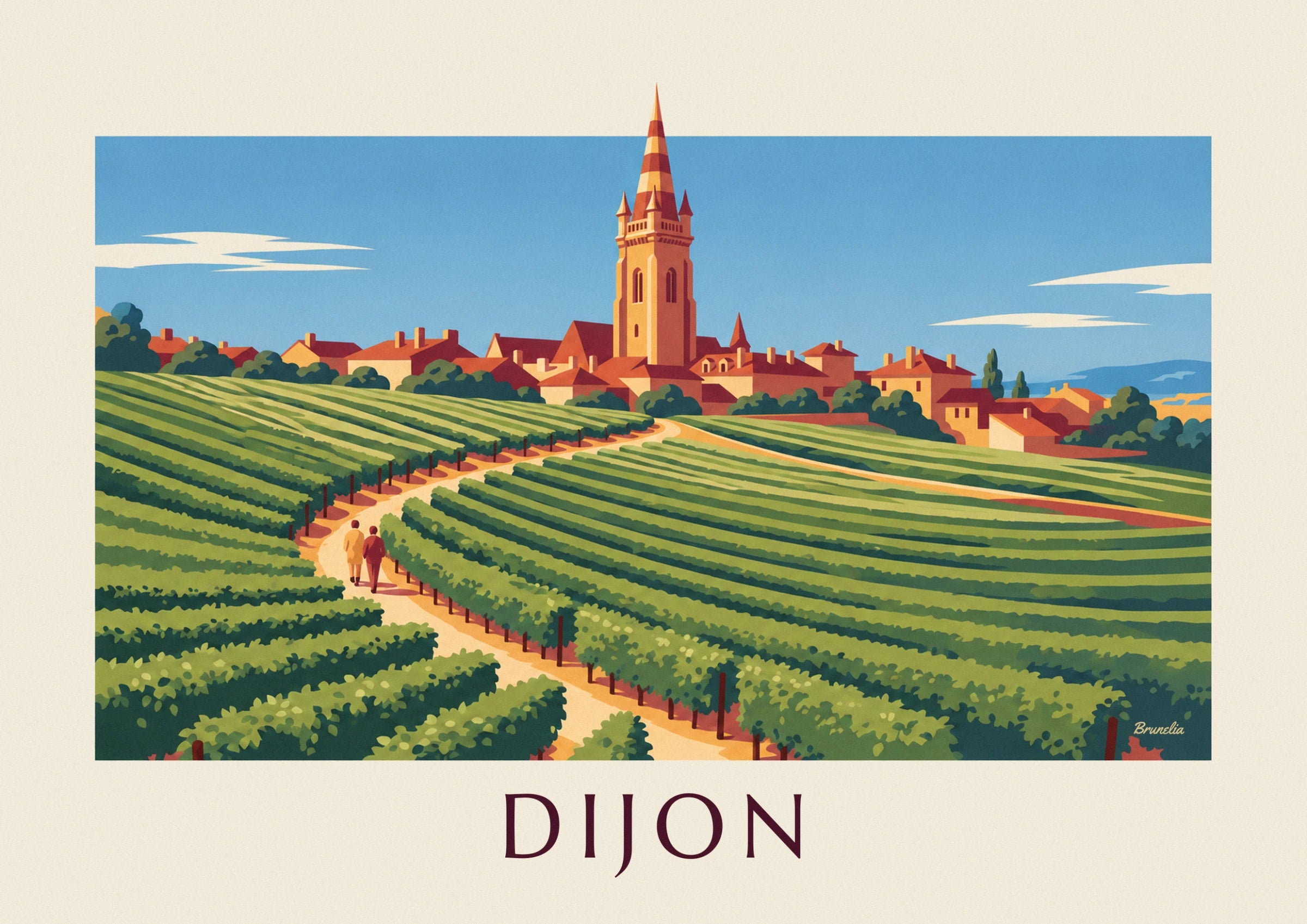 The ochre and red striped bell tower rising above the tiled roofs, beside the vineyards