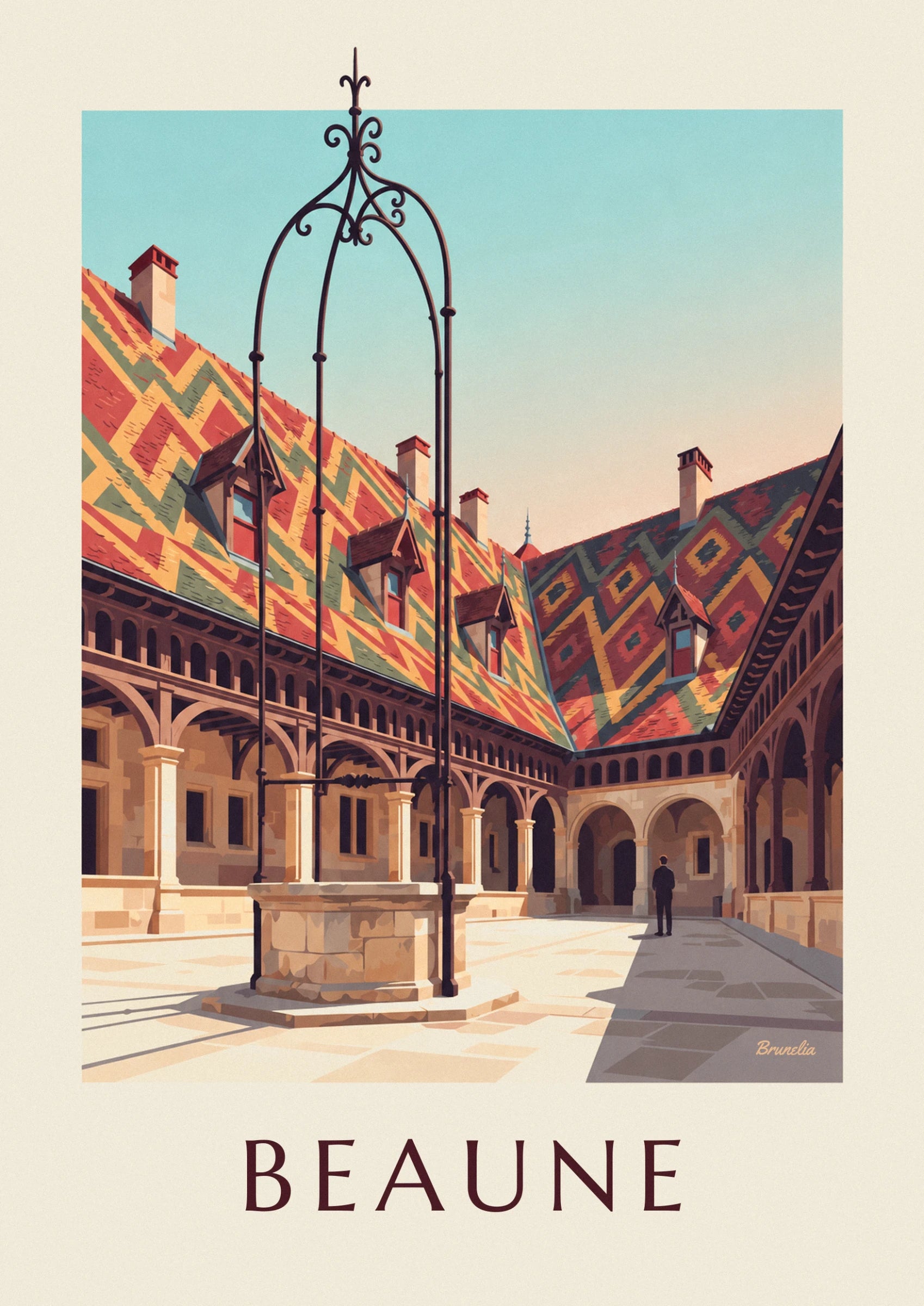 The stone well and its wrought iron supports, beneath the arcaded gallery and glazed tiled roof