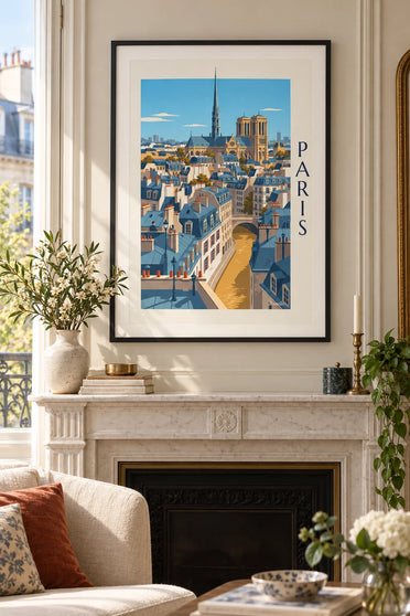 Poster Pariser Dächer im Haussmann-Stil und die Kathedrale Notre-Dame: gerahmt an der Wand