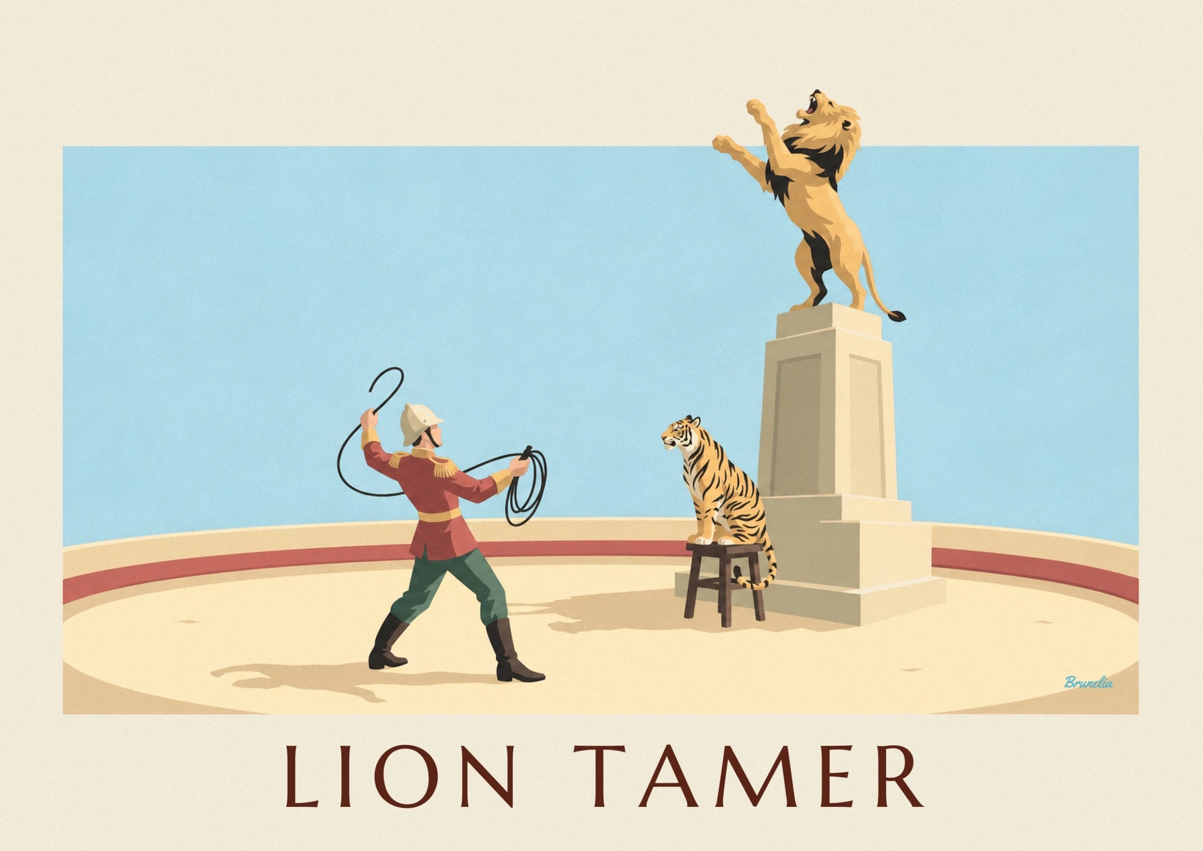 Affiche dompteur de fauves, lion et tigre sur la piste du cirque : détail en gros plan