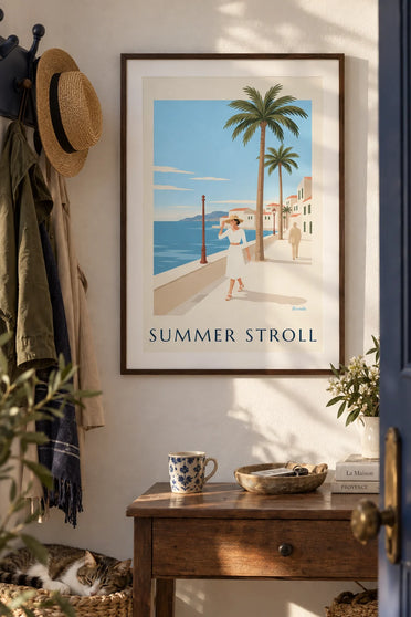 Poster of an elegant woman in a white dress and Panama hat: framed on the wall