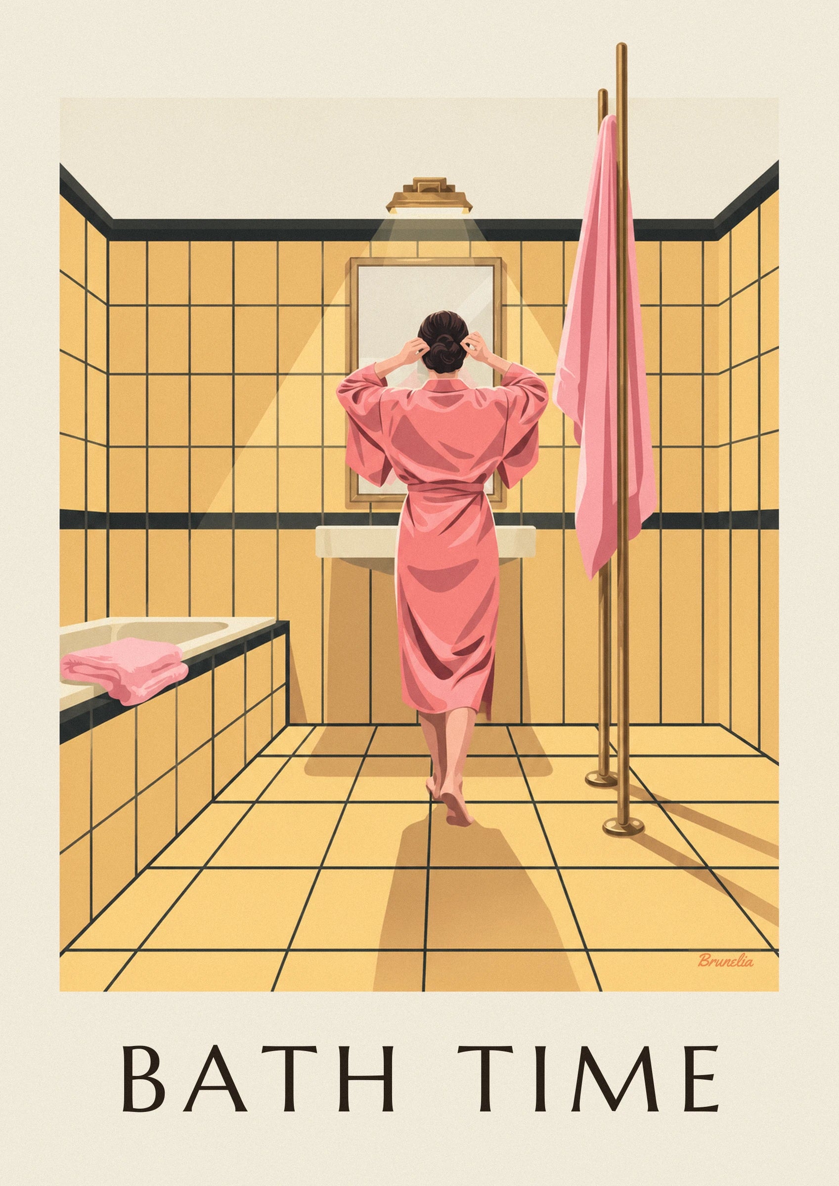 Une femme de dos en peignoir rose devant le lavabo, sur fond de carrelage jaune