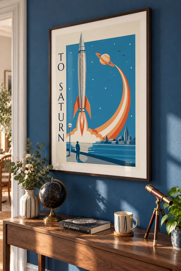 Poster mit silberner Rakete, die vom Meeresufer Richtung Saturn startet: gerahmt an der Wand